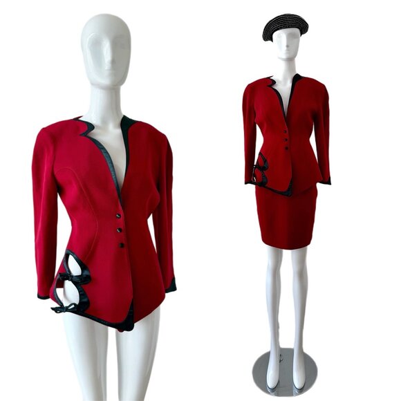 THIERRY MUGLER 80s/90s Vintage Cut-Out Skirt Suit Set Red + Black Cinched Waist - Picture 1 of 14